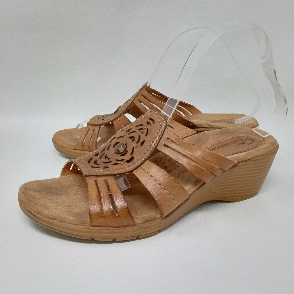 Earth Origins Gina Brown Leather wedge heels sandals, Women's Size 8.5 M